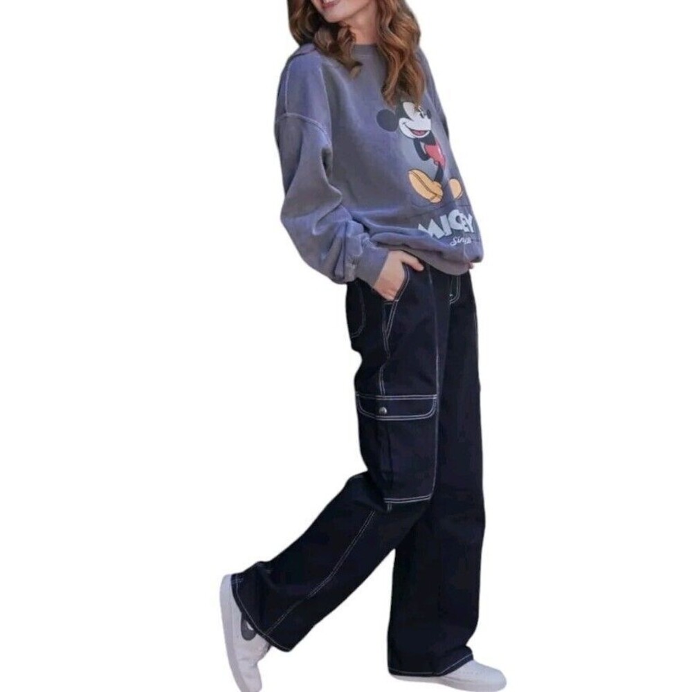 RSQ Skater Grunge Cargo Jeans Juniors Large Black Smock Waist Loose Relaxed Fit